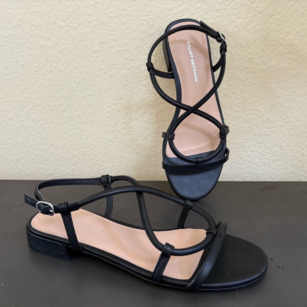 NEW Stuart Weitzman US 7 Black Leather Nilla Strappy Sandal Flat Low Heel $350